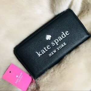 Kate Spade New York Black Zip Around Wallet Pebbled Leather Spade Logo NWT